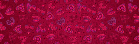 Red banner with valentines hearts. Valentines greeting banner. Horizontal holiday background, headers, posters, cards, website. Vector illustrationのイラスト素材