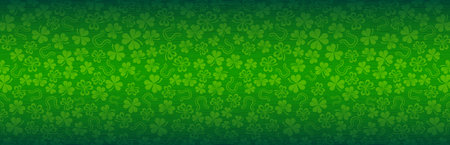 Green Patricks Day greeting banner with green clovers. Patrick's Day holiday design. Horizontal background, headers, posters, cards, website. Vector illustrationのイラスト素材