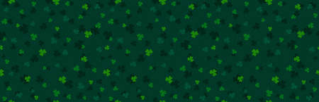 Green Patricks Day greeting banner with green clovers. Patrick's Day holiday design. Horizontal background, headers, posters, cards, website. Vector illustrationのイラスト素材