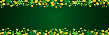 Green Patricks Day greeting banner with frame of golden coins and clover. Patrick's Day holiday design. Horizontal background, headers, posters, cards, website. Vector illustrationのイラスト素材