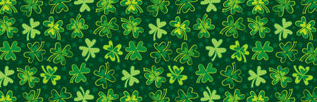 Green Patricks Day greeting banner with green clovers. Patrick's Day holiday design. Horizontal background, headers, posters, cards, website. Vector illustrationのイラスト素材