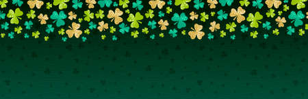 Green Patricks Day greeting banner with frame of golden clover. Patrick's Day holiday design. Horizontal background, headers, posters, cards, website. Vector illustrationのイラスト素材
