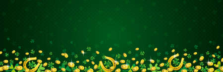Green Patricks Day greeting banner with frame of golden coins and clover. Patrick's Day holiday design. Horizontal background, headers, posters, cards, website. Vector illustrationのイラスト素材