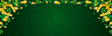 Green Patricks Day greeting banner with frame of golden coins and clover. Patrick's Day holiday design. Horizontal background, headers, posters, cards, website. Vector illustrationのイラスト素材