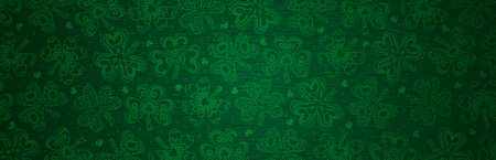 Green Patricks Day greeting banner with green clovers. Patrick's Day holiday design. Horizontal background, headers, posters, cards, website. Vector illustrationのイラスト素材