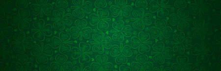 Green Patricks Day greeting banner with green clovers. Patrick's Day holiday design. Horizontal background, headers, posters, cards, website. Vector illustrationのイラスト素材