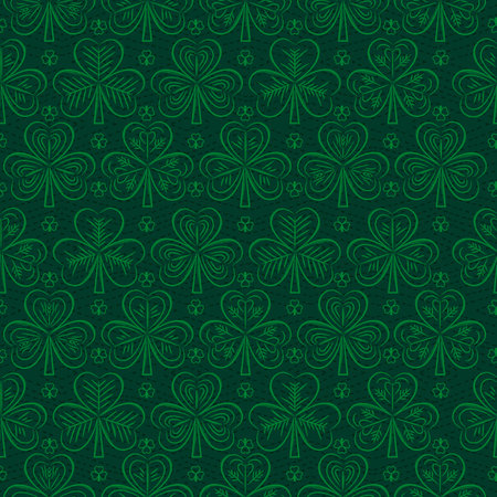 Green Patrick's Day background with decorative painted clover. Patrick's Day design. Seamless Pattern. Can be used for wallpaper, web, scrap booking, vector illustration.のイラスト素材