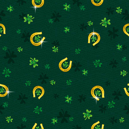 Green Patrick's Day background with golden horseshoe and clover. Patrick's Day design. Seamless Pattern. Can be used for wallpaper, web, scrap booking, vector illustration.のイラスト素材