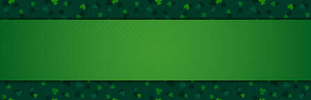 Green Patricks Day greeting banner with green clovers. Patrick's Day holiday design. Horizontal background, headers, posters, cards, website. Vector illustrationのイラスト素材