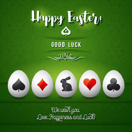 Easter greetings card with red and black gambling symbols over white eggs, vector illustration. Suitable for invitations, greeting cards, flyers, banners.のイラスト素材