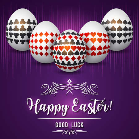 Easter greetings card with red and black gambling symbols over white eggs, vector illustration.Suitable for invitations, greeting cards, flyers, banners.のイラスト素材