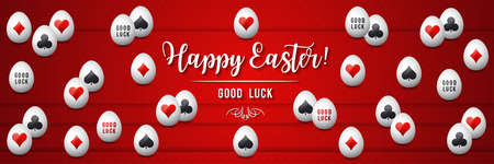Red Easter greetings banner with red and black gambling symbols over white eggs, vector illustration.Suitable for invitations, greeting cards, flyers, banners.のイラスト素材