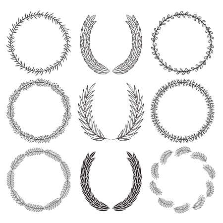 Vector hand drawn decorative wreaths isolated on background. Floral round frames. Hand sketched floral design elements. Vintage frames set.のイラスト素材