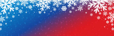 Blue and red christmas banner with white blurred snowflakes. Merry Christmas and Happy New Year greeting banner. Horizontal new year background, headers, posters, cards, website. Vector illustrationのイラスト素材