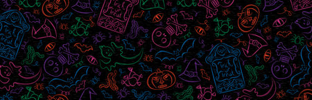 Banner with halloween decoration. Halloween greeting banner. Horizontal halloween background, headers, posters, cards, website. Vector illustrationのイラスト素材