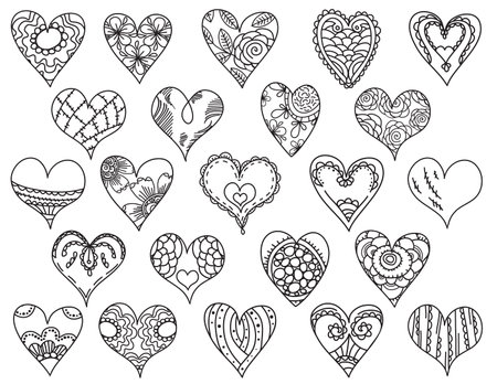 Hand painted flowers with floral decorative elements. Valentine hearts, wedding ornaments. Vector illustration, PNGのイラスト素材