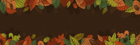 Banner with autumn falling leaves arranged in a frame shape. Autumn greeting background. Horizontal autumn background, headers, posters, cards, website. Vector illustrationのイラスト素材