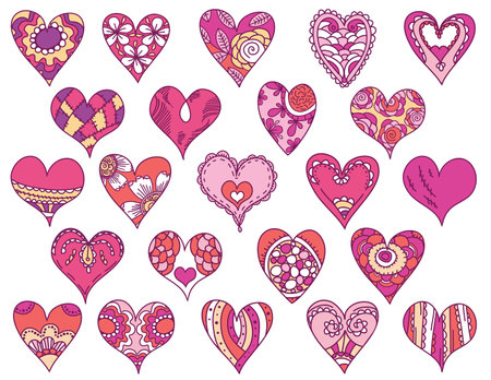 Hand painted flowers with floral decorative elements. Valentine hearts, wedding ornaments. Vector illustration, PNGのイラスト素材