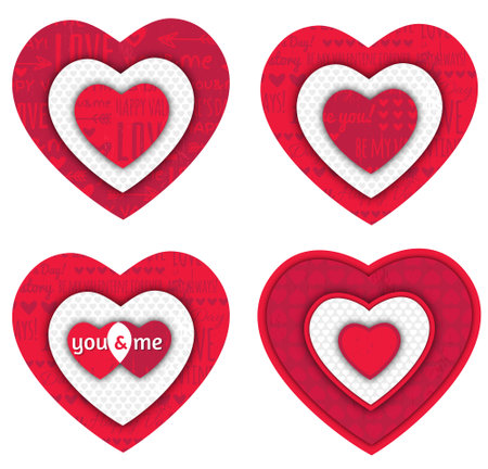 Set of four red hearts with decorative inscriptions and patterns. Vector illustration and PNGの写真素材