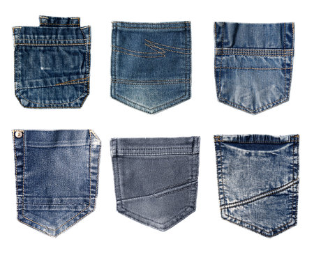 Set of different jeans pocket isolated on white background. Blue jeans back side pocket. Close up view denim texture, classic style fashion.の写真素材