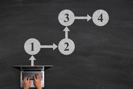 Business Steps concept with hands typing laptop on the blackboard background.の写真素材