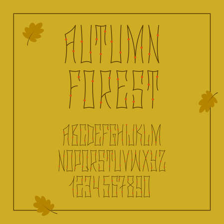 Autumn forest twigs and little berries font. Vector illustration of thin alphabet. Latin geometric letters and numbers.のイラスト素材