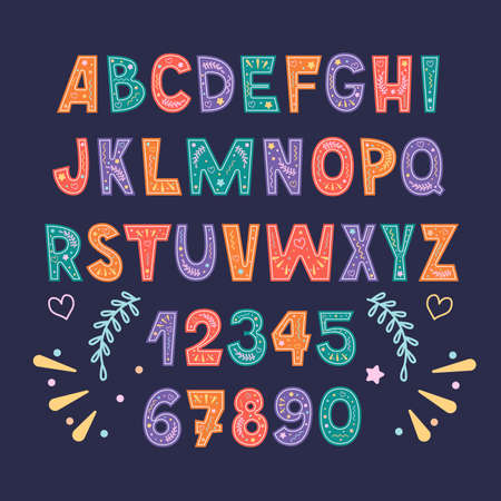 Kids Cute doodle font. Childish festive english alphabet. Letters from A to Z and numbers from 0 to 9.のイラスト素材