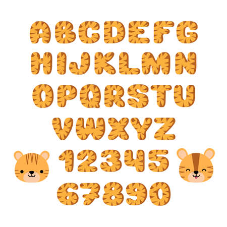 Tiger alphabet. Childish vector font. Cute tiger face. English letters and numbers.のイラスト素材