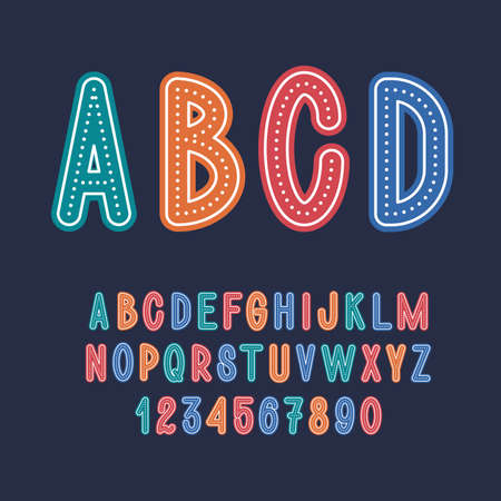 Decorative cute font with dots inside. English letters and numbers from 0 to 9. Kids alphabet.のイラスト素材