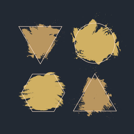 Golden Ink Splatter Frames. Collection of Gold Colored Grunge Frames. Brush Paint Backgrounds.のイラスト素材