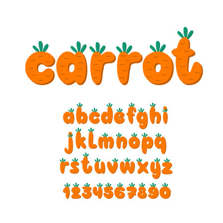 Carrot Cute Alphabet. Cartoon Vegetable Letters and Numbers. Kids English Font.のイラスト素材