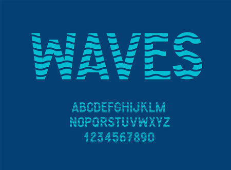 Wavy Deep Sea Alphabet. Sliced Waves Font. English Vector Ocean Letters and Numbers.のイラスト素材