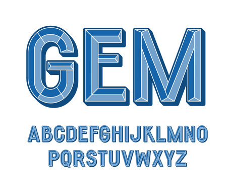 Convex 3d Volumetric Font. English Blue Retro Gem Alphabet. Old Style Letters and Numbers.のイラスト素材