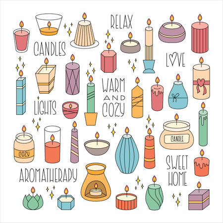 Lighted Aroma Candles Cute Cartoon Collection. Comfort Theme, Home Design and Romance Elements. Candle Colorful Drawn Vector Set.のイラスト素材