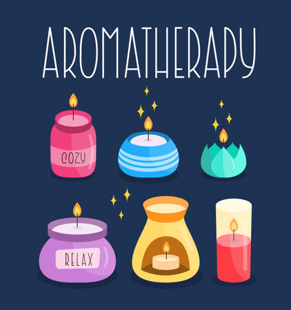 Lighted Aroma Candles Cartoon Collection. Comfort Theme, Home Design, Aromatherapy and Romance Elements. Candle Colorful Drawn Vector Set.のイラスト素材
