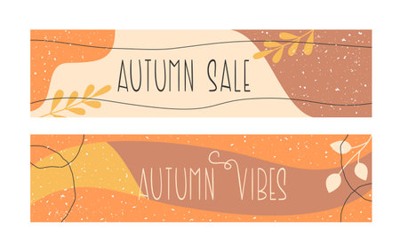 Autumn Colors Abstract Background. Fall Design Elements and Templates. Frames and Banners with Cute Vector Hand Lettering and Autumn Greetings.のイラスト素材