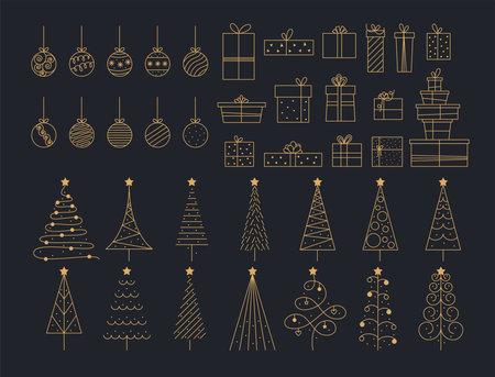 Big New Year and Christmas Set Editable Stroke. Elegant Gold Line Art Design Elements. Outline Xmas Fir Trees, Christmas Balls and Gift Boxes.のイラスト素材