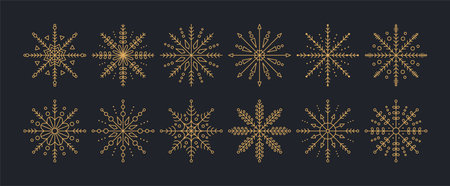 Gold Colored Snowflakes Set. Ornate Flake of Snow Collection. New Year and Christmas Ornament Decoration.のイラスト素材