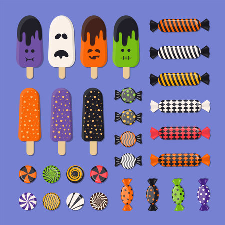 Halloween Sweets Vector Set. Collection of Spooky Candies, Sweets, Ice Cream and Sugar Caramel.のイラスト素材