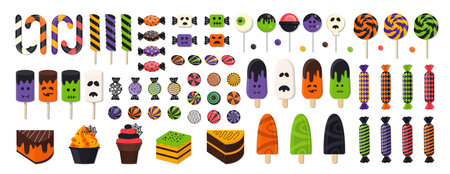 Halloween Sweet Candies, Desserts and Ice Cream Vector Set. Collection of Spooky Monster Sweets, Lollipops, Gumballs, Sugar Caramel, and Twisted Marshmallows.のイラスト素材