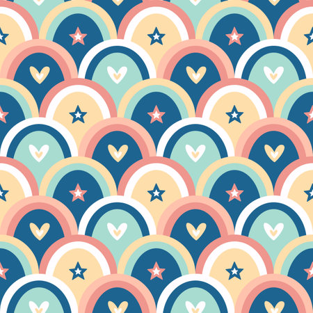 Children Seamless Pattern Light Pink, Yellow, Green and Blue. Cute Ornament Background Endless Repeat. Decorative Geometric Kids Wave Backdrop.のイラスト素材
