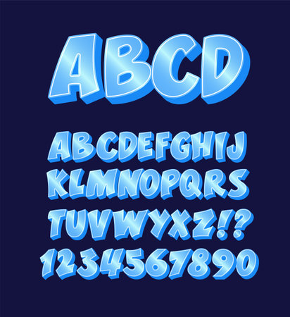 Blue Icy Font. Metallic Effect Gradient Alphabet. Cool Ice Vector Letters and Numbers Abc.のイラスト素材