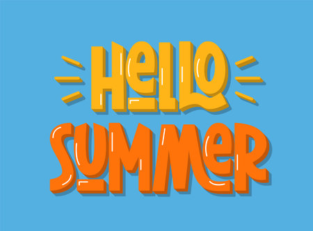 Hello Summer Handwritten Text. Colorful Summer Greeting Phrase Quote.のイラスト素材