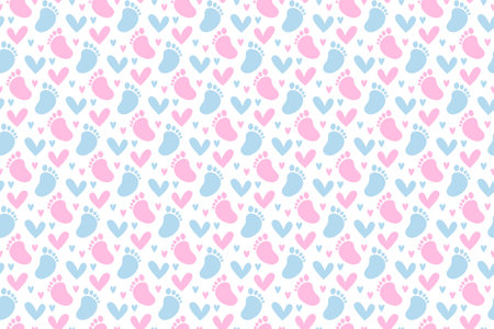 Gender Reveal Party Seamless Pattern. Pink and Blue Footprint and Hearts Repeating Endless Background.のイラスト素材