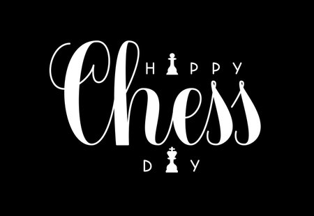 Happy Chess Day Handwritten Text. Vector Hand Lettering of Congratulating Greeting Phrase. Chess Day Typographic Design Black and White.のイラスト素材
