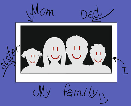 drawn photo of a family of four with the words:I, My family, dad, mom, sisterのイラスト素材
