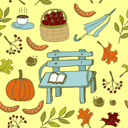 Cute autumn seamless pattern with autumn bench and other garden items Cute autumn seamless pattern with autumn bench and other garden items