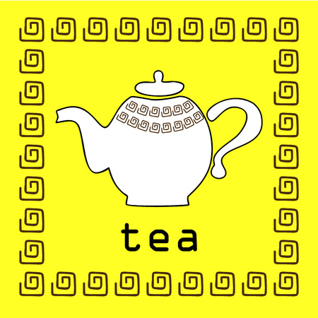 white teapot with Oriental designs on a yellow background and the words Teaのイラスト素材