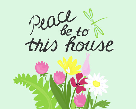 Bible lettering Peace to this house, made next to a bouquet of wild flowersのイラスト素材