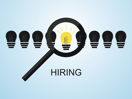 Number of dead light bulbs and in the middle of burning, hovering over them with magnifying glass. Hiring.のイラスト素材